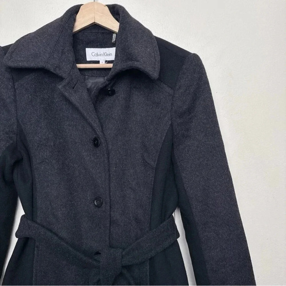 Calvin Klein  Womens 6 Wool Belted Colorblock Mid Length Coat In Grey Black - Picture 7 of 16
